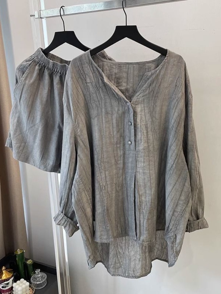 Linen Pant Wide - Elegancka składana szara koszula z bawełny